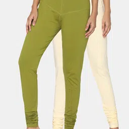 TSG Bliss Women Pack Of 2 Cream-Colored & Olive Green Solid Churidar-Length leggings-picture-12