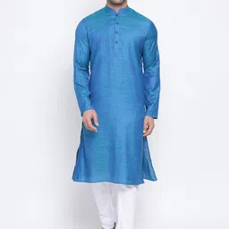 NAMASKAR Men Blue & White Solid Kurta with Churidar-image-19