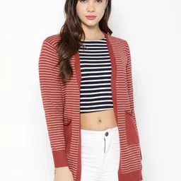 Gipsy Women Magenta & White Striped Woollen Open Front Shrug-image-10