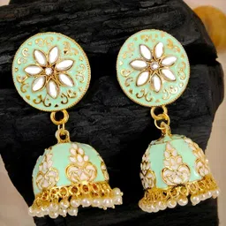 Crunchy Fashion Sea Green Gold-Plated Handcrafted Dome Shaped Jhumkas Earrings-image-20