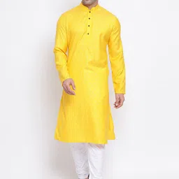 NAMASKAR Men Yellow & White Printed Kurta with Churidar-image-45