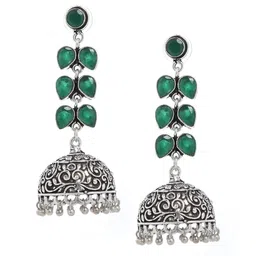 Bamboo Tree Jewels Green & Silver-Toned Dome Shaped Jhumkas-picture-35