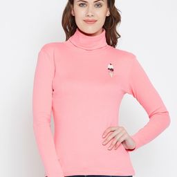 Hypernation Women Pink Solid Turtle Neck T-shirt-picture-5