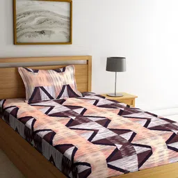 KLOTTHE White & Peach-Coloured Geometric Cotton Single Bedsheet with 1 Pillow Covers-image-29