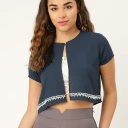 Style Quotient Women Navy Blue Solid Crop Button Shrug-image-6