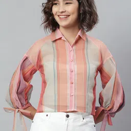 KASSUALLY Women Peach-Coloured & Multicoloured Regular Fit Striped Casual Shirt-image-48