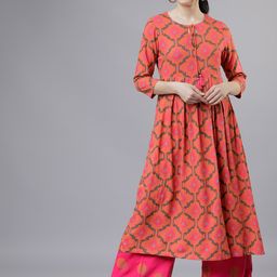 Vishudh Women Coral Orange & Pink Printed Kurta with Palazzos-picture-37