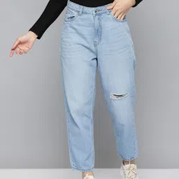 Flying Machine Women Blue Mom Fit High-Rise Low Distress Light Fade Jeans-image-30