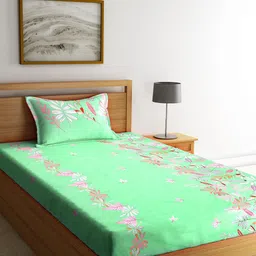 KLOTTHE Green Floral 210 TC Polycotton 1 Single Bedsheet with 1 Pillow Covers-image-35