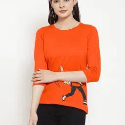 Friskers Women Orange Printed Round Neck T-shirt-image-7