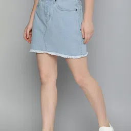 Mast & Harbour Women Washed Denim Pencil Skirt with Frayed Hem-image-14