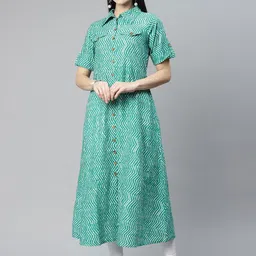 IRIDAA JAIPUR Green Chevron Printed A-Line Kurta-image-21