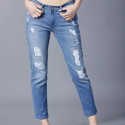 Tokyo Talkies Women Blue Boyfriend Fit Mid-Rise Mildly Distressed Stretchable Jeans-picture-17