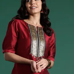 Sangria Yoke Design Puff Sleeves Sequinned Kurta with Trousers image 1