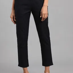 W Women Navy Blue Slim Fit Pleated Trousers-image-29