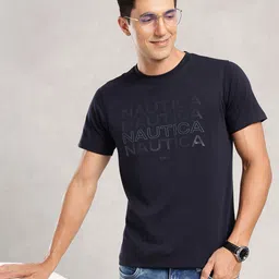 Nautica Brand Logo Printed Pure Cotton T-shirt-image-33