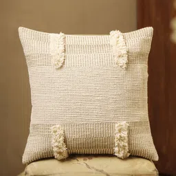 Aura Cream Self Design Cotton Square Cushion Cover-image-99