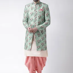 KISAH Men Sea Green & Peach Printed Bhagalpuri Silk Sherwani With Dhoti-picture-10