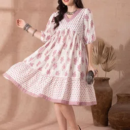 Globus Ethnic Floral Print V-Neck Puff Sleeves Flared Hem Tiered A-Line Fusion Dress image 1