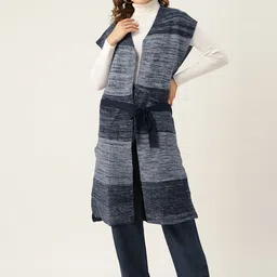 American Eye Acrylic Colourblocked Open Front Longline Sweater with Belt-picture-18