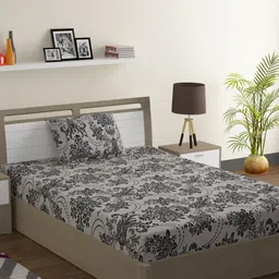 SWAYAM Black & Grey Floral 120 TC Cotton 1 Single Bedsheet with 1 Pillow Covers-image-8