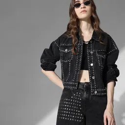 ONLY Spread Collar Studded Pure Cotton Denim Jacket-picture-17