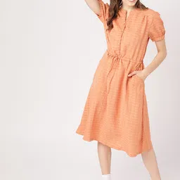 DressBerry Women Orange Self-Striped A-Line Dress-image-19