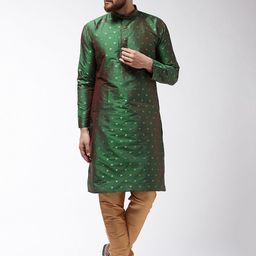 SOJANYA Men Green & Gold-Coloured Self Design Kurta with Churidar-picture-12