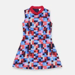 Butterfly Blush Girls Red & Blue Geometric Print Mandarin Collar Dress-image-29