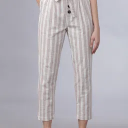 Tokyo Talkies Women Taupe & White Straight Fit Striped Peg Trousers-image-35