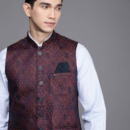 Manyavar Men Navy Blue Ethnic Motifs Printed Nehru Jacket-picture-8