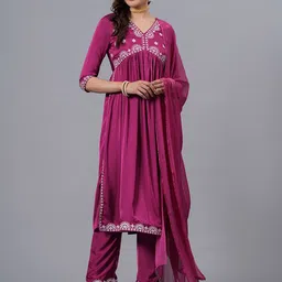 NEW4U Floral Embroidered Regular Thread Work A-Line Kurta With Palazzos & Dupatta-picture-23