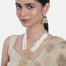 I Jewels White Gold Plated Multistrand Pearl Kundan Studded Jewellery Set-picture-21