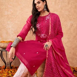 Indo Era Women Floral Embroidered Chanderi Silk Kurta with Trousers & With Dupatta-picture-11