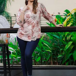 9shines Label Plus Size Floral Printed V-Neck Puff Sleeves Shirt Style Top-picture-25