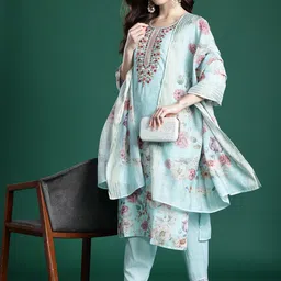Indo Era Floral Embroidered Linen Kurta with Trousers & With Dupatta image 4