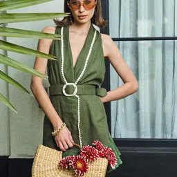 iki chic Green V-Neck Gathered Detailed Schiffli Cotton A-Line Dress With Belt-picture-18