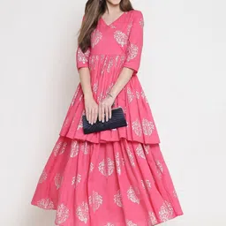 Sera Pink & Silver Ethnic Motifs Print Tiered Angrakha Style Maxi Dress-picture-19
