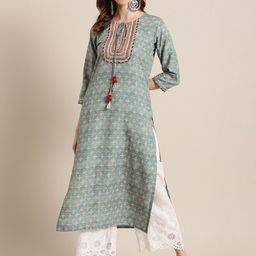Varanga Women Sea Green Printed Keyhole Neck Kurta-picture-34