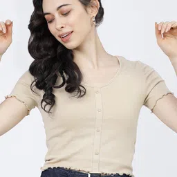 Tokyo Talkies Women Beige V-Neck T-shirt-image-13