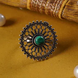 Shoshaa Women Silver-Plated Green Stone-Studded Oxidised Finger Ring-picture-10