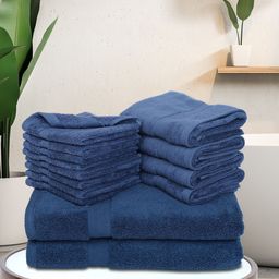 BIANCA Set Of 14 Navy Blue Solid Pure Cotton 500 GSM Ultra-Fluffy Towel Set-picture-18