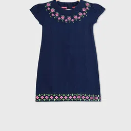 Cherry Crumble Girls Blue Embroidered Denim A-Line Dress-picture-28