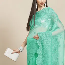 Anouk Turquoise Blue Floral Organza Saree-image-27