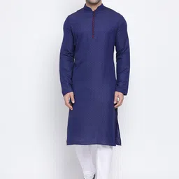 NAMASKAR Men Blue & White Self Design Cotton Kurta with Churidar-picture-27