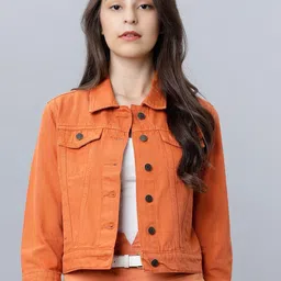Tokyo Talkies Women Orange Solid Denim Jacket-picture-8