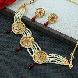 Silvermerc Designs Gold-Plated Red & White Artificial Stone Studded & Beaded Jewellery Set-picture-31