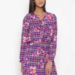 Tokyo Talkies Purple Floral Print & Checked Blouson Dress-image-0