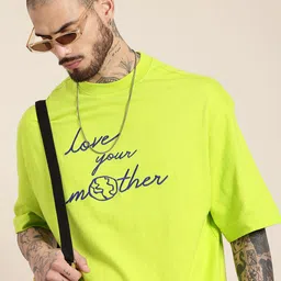 HERE&NOW Typography Embroidered Drop-Shoulder Sleeves Oversized Pure Cotton T-shirt image 1