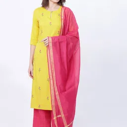 Vishudh Women Mustard & Pink Printed Kurta with Palazzo and Dupatta-image-41